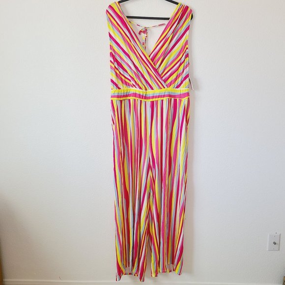 Torrid Super Soft Tie Back Stripe Surplice Jumpsuit Plus Size 2X Pink Yellow - Picture 1 of 7